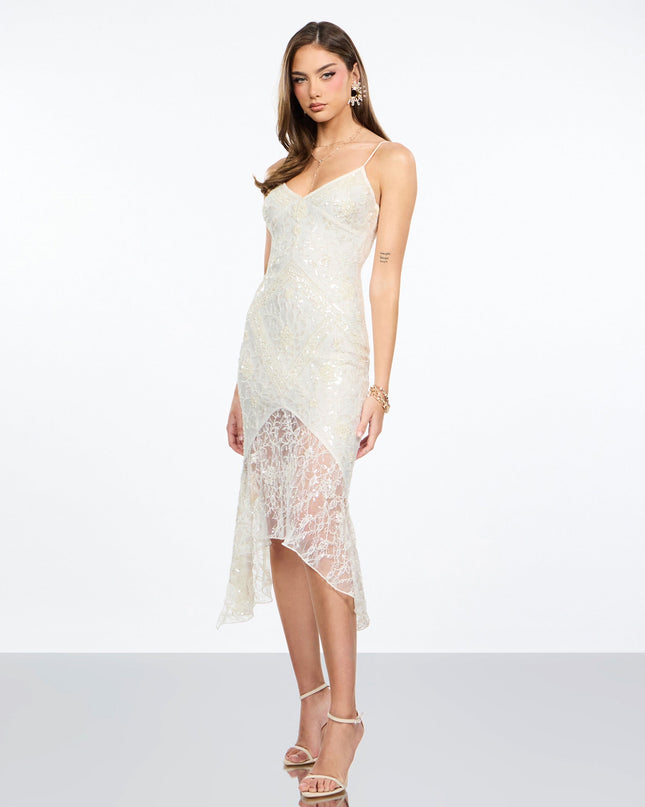 Roxie Beaded Lace Asymmetrical Midi Dress