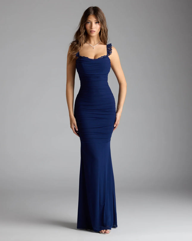 Feel polished and confident in the Morgana Lace-Up Ruched Mermaid Dress, a navy blue prom dress designed with luxe fabric and modern detail that shows off your vibe.