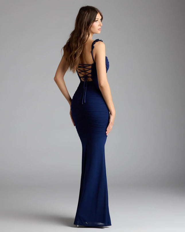 Style your seasonal looks with the Morgana Lace-Up Ruched Mermaid Dress, a trend-right, navy blue formal dress designed for any plan on your calendar with new and unqiue details.