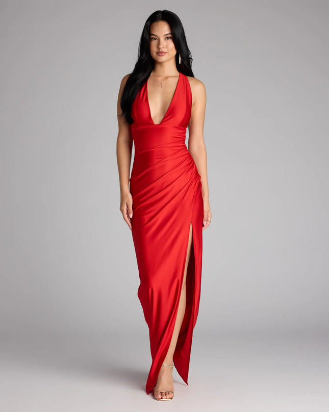 Jenn V-Neck Strappy Back Slit Long Formal Dress