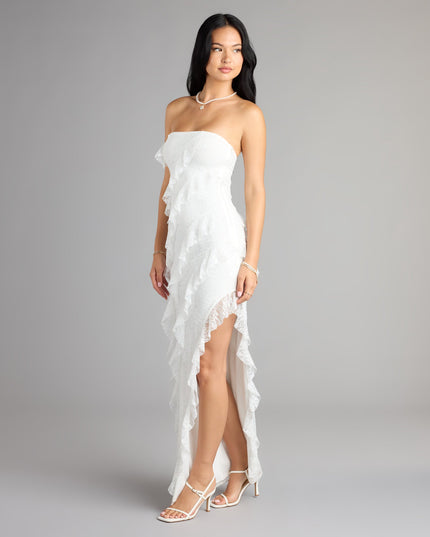Ellie Ruffled Lace High Slit Formal Dress