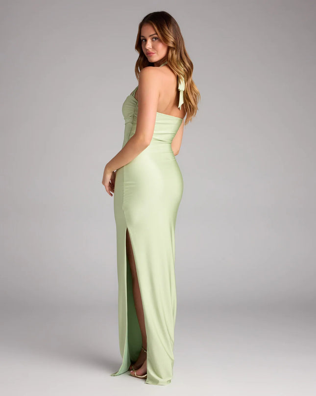 Style your seasonal looks with the Beverly Halter Slit Long Formal Dress, a trend-right, sage green spring dress designed for any plan on your calendar with new and unqiue details.