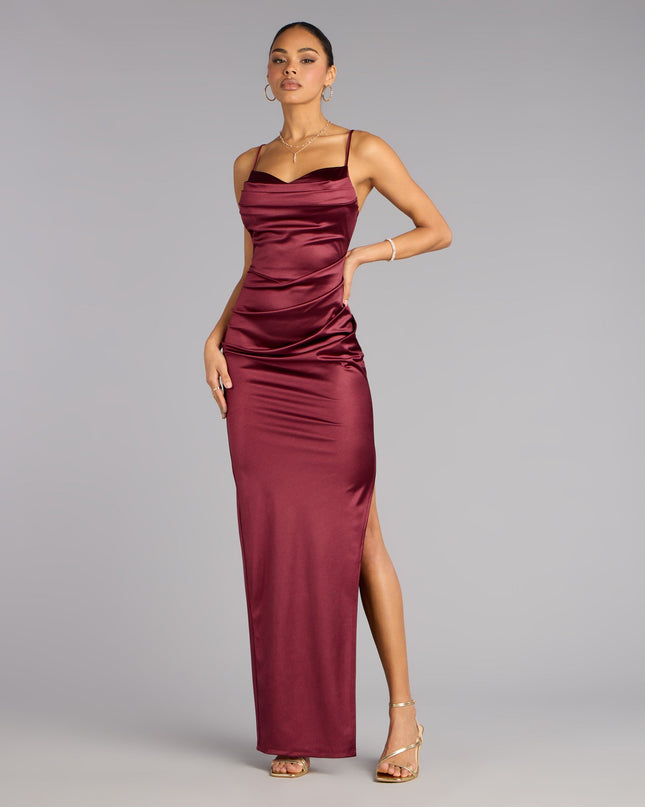 Feel polished and confident in the Jane Cowl Neck Slit Satin Formal Column Dress, a wine prom dress designed with luxe fabric and modern detail that shows off your vibe.