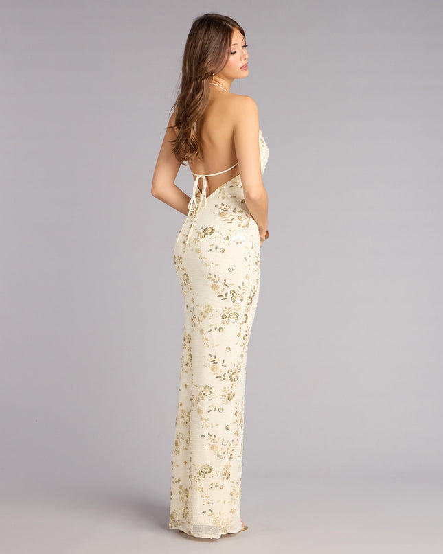 Maren Floral Sequin Mesh Halter Formal Dress