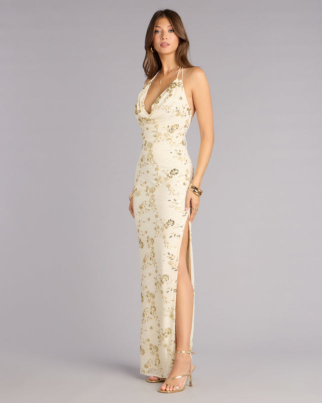 Maren Floral Sequin Mesh Halter Formal Dress