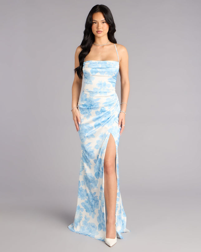 Helen Floral Satin Lace-Up Formal Dress