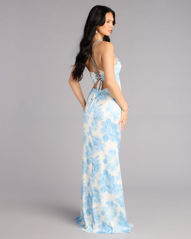 Helen Floral Satin Lace-Up Formal Dress