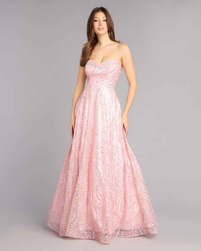 Own Prom 2026 in the Klaire Lace-Up A-Line Glitter Sequin Formal Dress,  a pink prom dress designed with a flattering silhouette and elevated details that feel modern and true to your style.