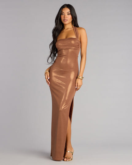 Tiana Metallic Halter Slit Formal Dress