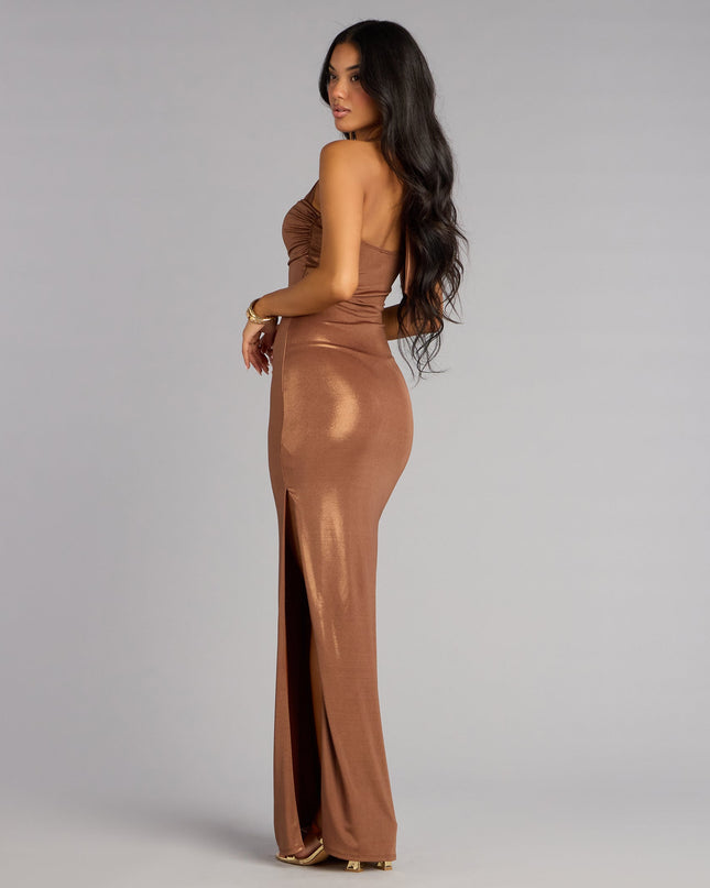 Tiana Metallic Halter Slit Formal Dress