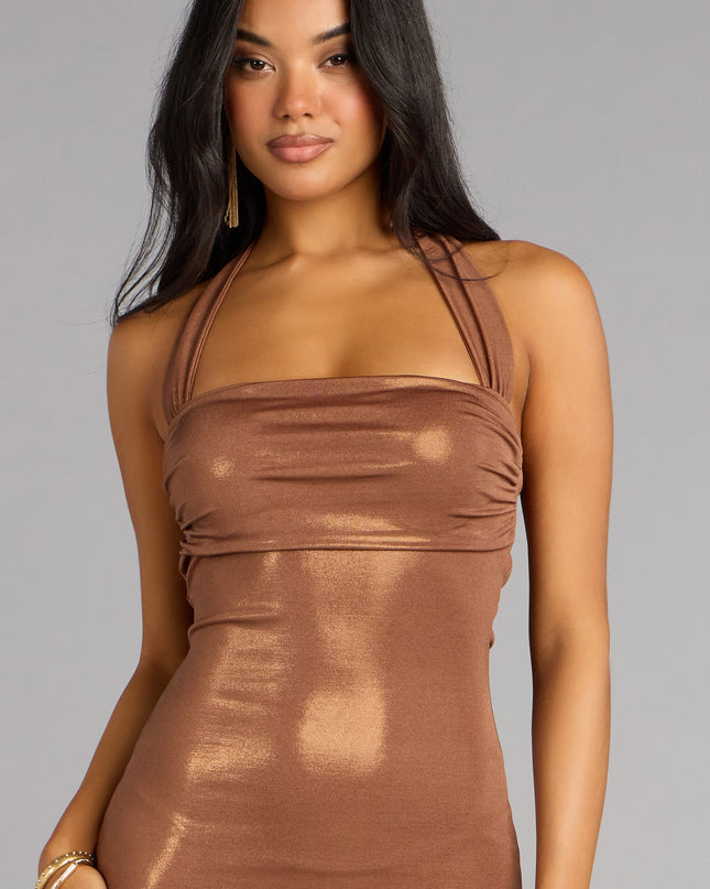 Tiana Metallic Halter Slit Formal Dress