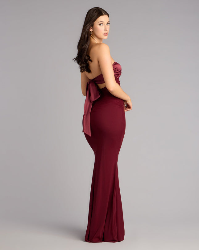 You’ll have effortless movement and dreamy vibes all night in the Iris Satin Tie-Back Mesh Mermaid Dress—a wine prom dress made for twirling, posing, and showing up.