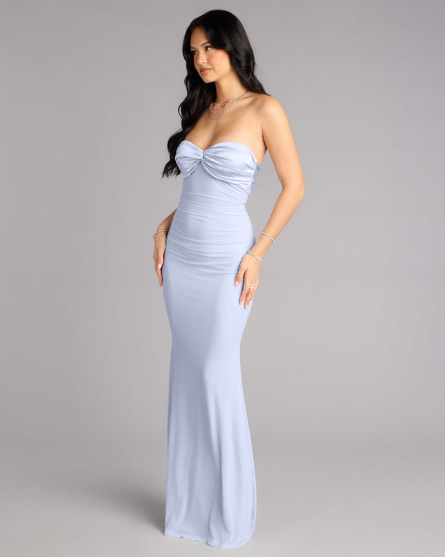 You’ll have effortless movement and dreamy vibes all night in the Iris Satin Tie-Back Mesh Mermaid Dress—a light blue prom dress made for twirling, posing, and showing up.