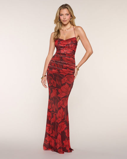Reagan Floral Mesh Lace-Up Formal Dress