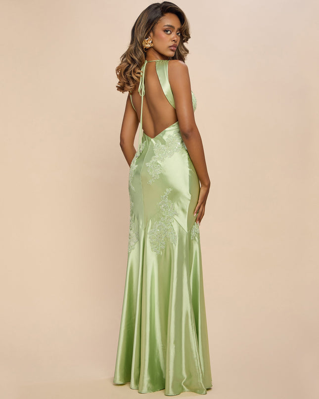 Discover a formal dress like the Rachel Satin Open Back Formal Dress in sage green featuring a flattering fit, smooth fabric, and refined design for any formal occasion.