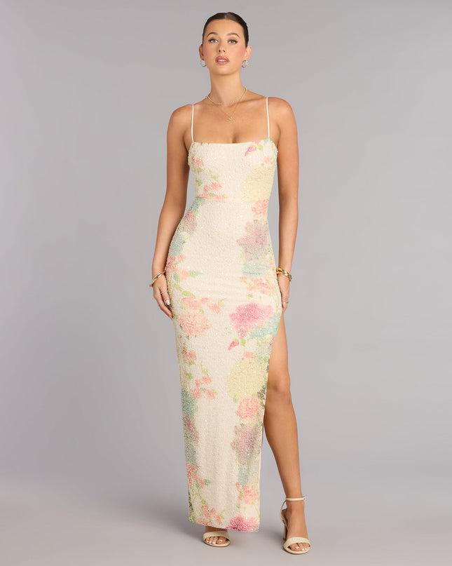 Linda Floral Beaded Column Formal Dress