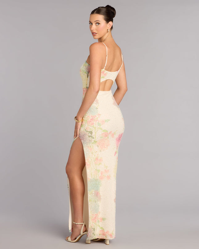 Linda Floral Beaded Column Formal Dress