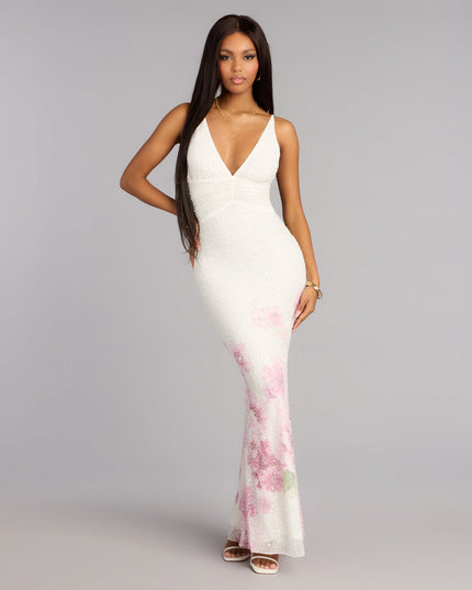Margo Beaded Floral Print Mermaid Dress