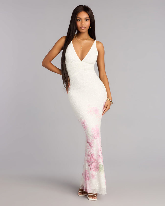 Margo Beaded Floral Print Mermaid Dress