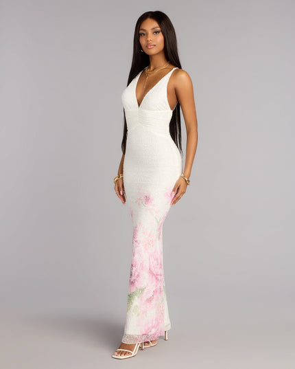 Margo Beaded Floral Print Mermaid Dress
