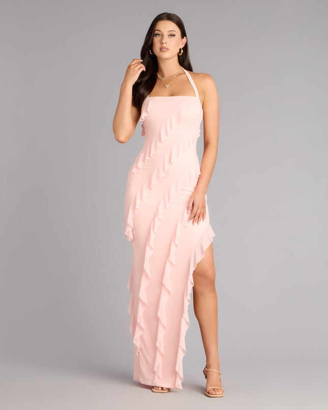 Feel polished and confident in the Blake Mesh Halter Slit Ruffle Formal Dress, a pink prom dress designed with luxe fabric and modern detail that shows off your vibe.