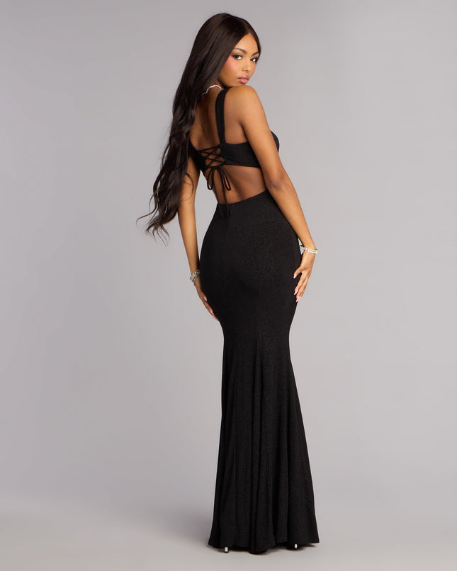 Discover a formal dress like the Sheila Glitter Lace-Up Formal Dress in black featuring a flattering fit, smooth fabric, and refined design for any formal occasion.