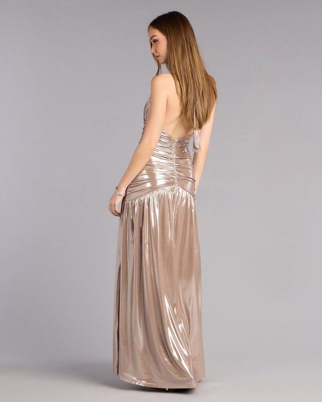 Mia Metallic Halter Slit Formal Dress