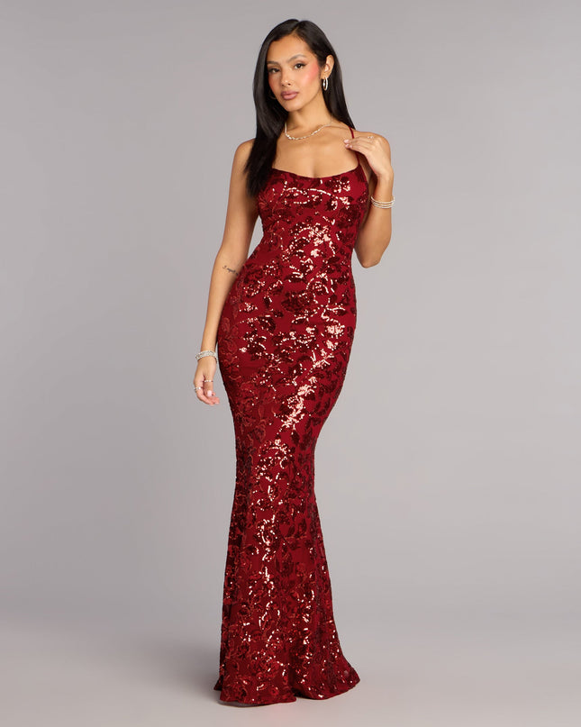 Own Prom 2026 in the Betty Sequin Strappy Mermaid Formal Dress,  a red prom dress designed with a flattering silhouette and elevated details that feel modern and true to your style.
