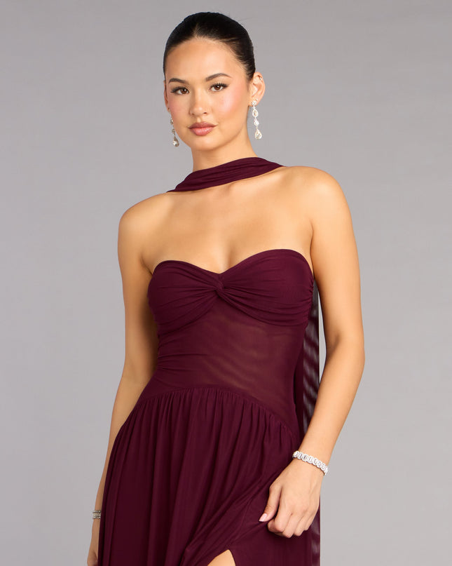 Rhea Mesh Strapless A-Line Dress With Scarf