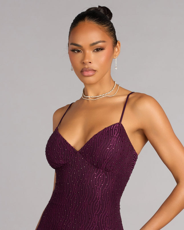 Shop a formal dress like the Skylar Rhinestone Tie Back Formal Dress in purple, designed with a sleek silhouette, luxe fabric, and elegant detail for special events.