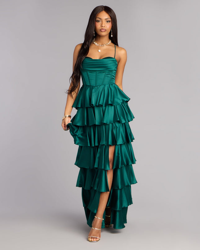 Rose Satin Ruffle A-Line Formal Dress