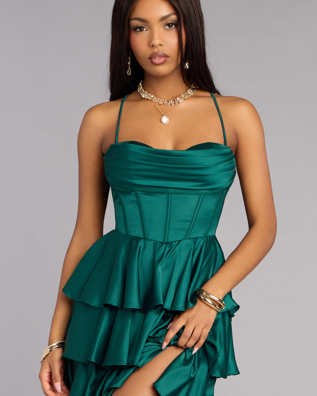 Rose Satin Ruffle A-Line Formal Dress