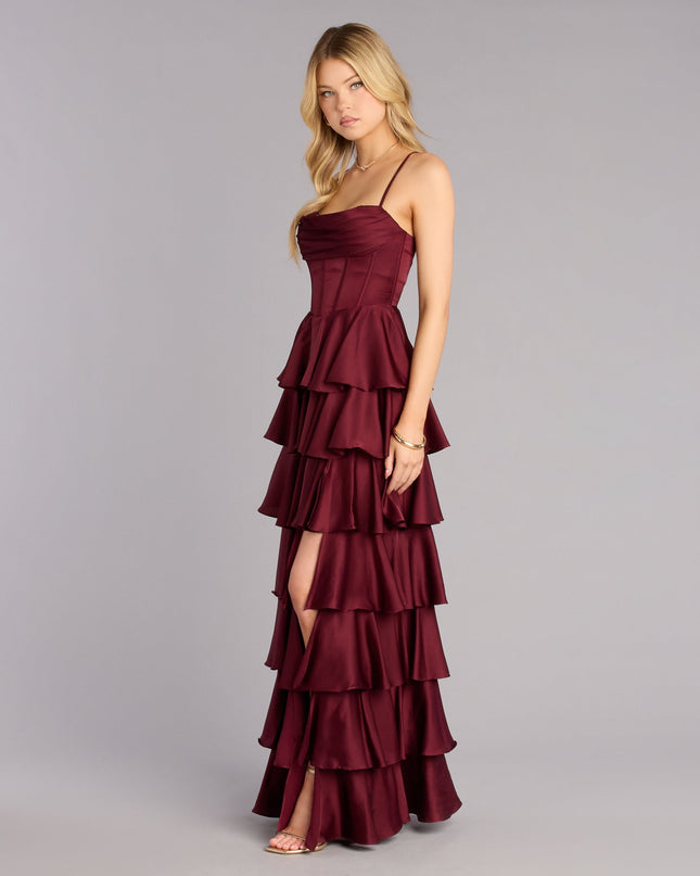 Rose Satin Ruffle A-Line Formal Dress