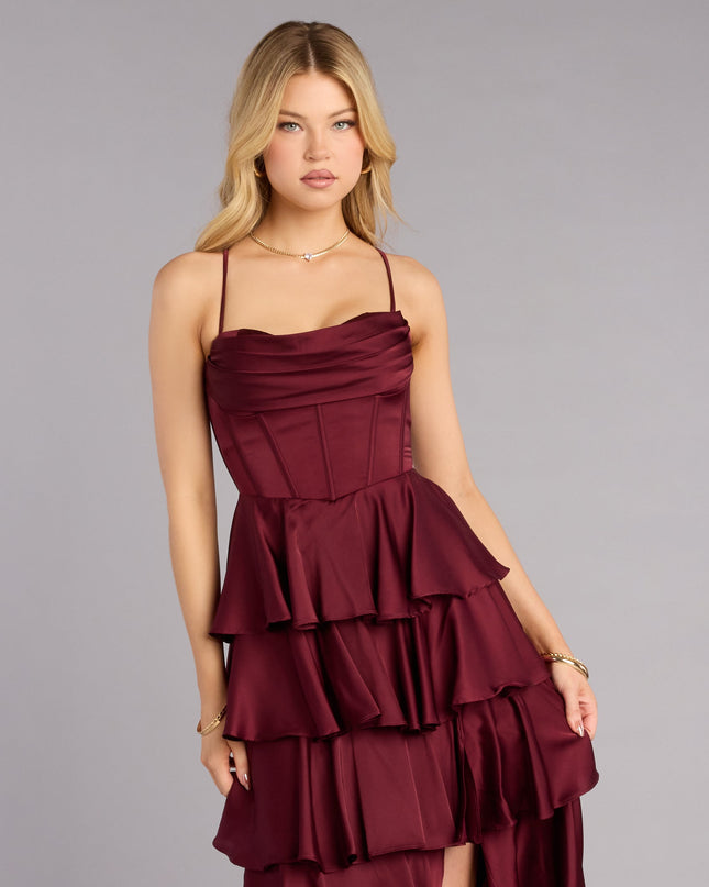 Rose Satin Ruffle A-Line Formal Dress