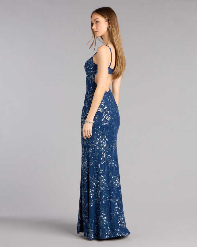 Lilyanna Floral Sequin Slit Formal Dress