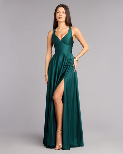 Abbey Lace-Up Slit A-Line Satin Formal Dress