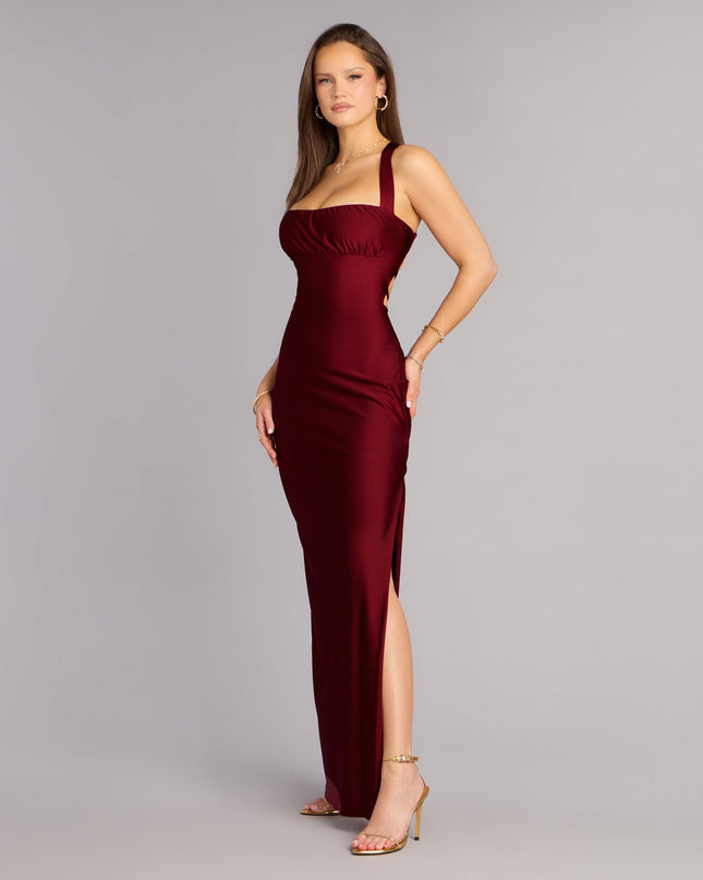 Shop a formal dress like the Rey Lace-Up Column Formal Dress in wine, designed with a sleek silhouette, luxe fabric, and elegant detail for special events.