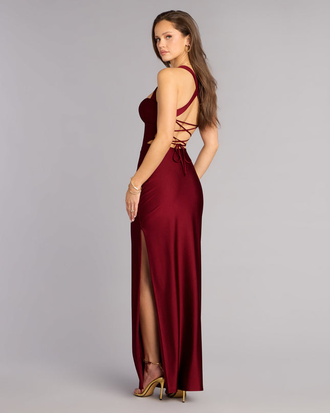 Discover a formal dress like the Rey Lace-Up Column Formal Dress in wine featuring a flattering fit, smooth fabric, and refined design for any formal occasion.