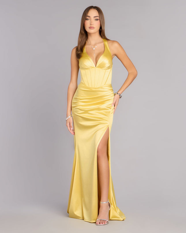 Shop a formal dress like the Jaycee Satin Corset Mermaid Dress in yellow, designed with a sleek silhouette, luxe fabric, and elegant detail for special events.