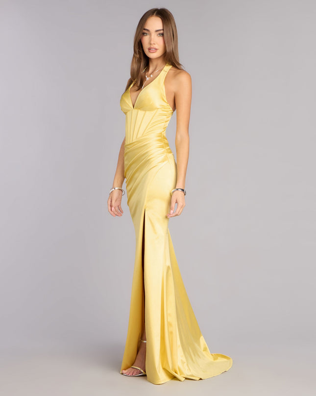 Discover a formal dress like the Jaycee Satin Corset Mermaid Dress in yellow featuring a flattering fit, smooth fabric, and refined design for any formal occasion.
