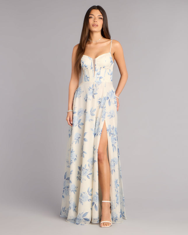 Kensie Floral Chiffon Slit Formal Dress