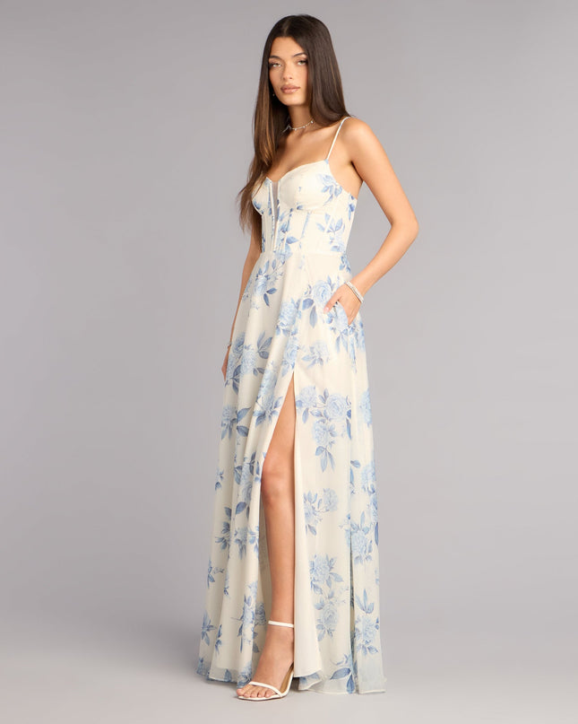 Kensie Floral Chiffon Slit Formal Dress
