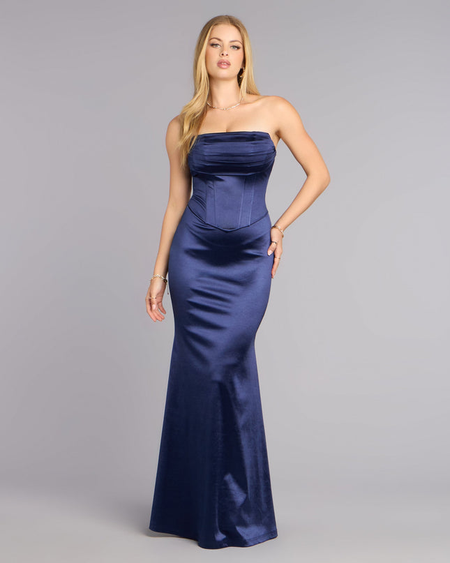 Shop a formal dress like the Jess Satin Corset Lace-Up Mermaid Formal Dress in navy blue, designed with a sleek silhouette, luxe fabric, and elegant detail for special events.