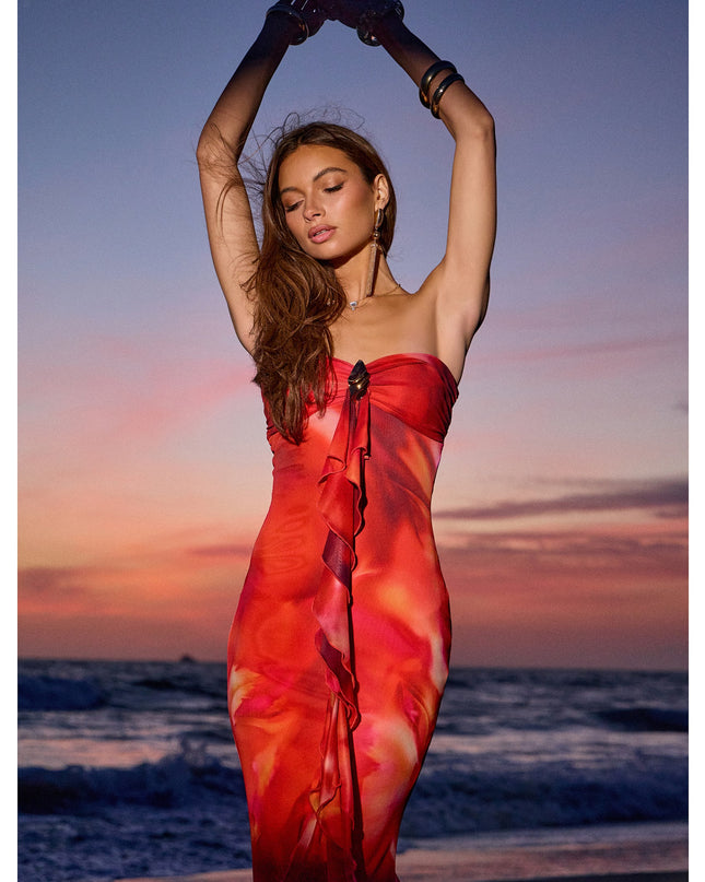 Shelly Abstract Print Mesh Ruffle Mermaid Dress