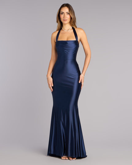Discover a formal dress like the Jemma Halter Lace-Up Mermaid Dress in navy blue featuring a flattering fit, smooth fabric, and refined design for any formal occasion.