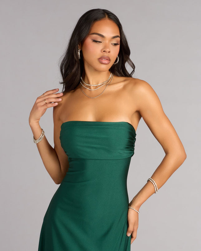 Shop a formal dress like the Ally Strapless A-Line Formal Dress in hunter green, designed with a sleek silhouette, luxe fabric, and elegant detail for special events.