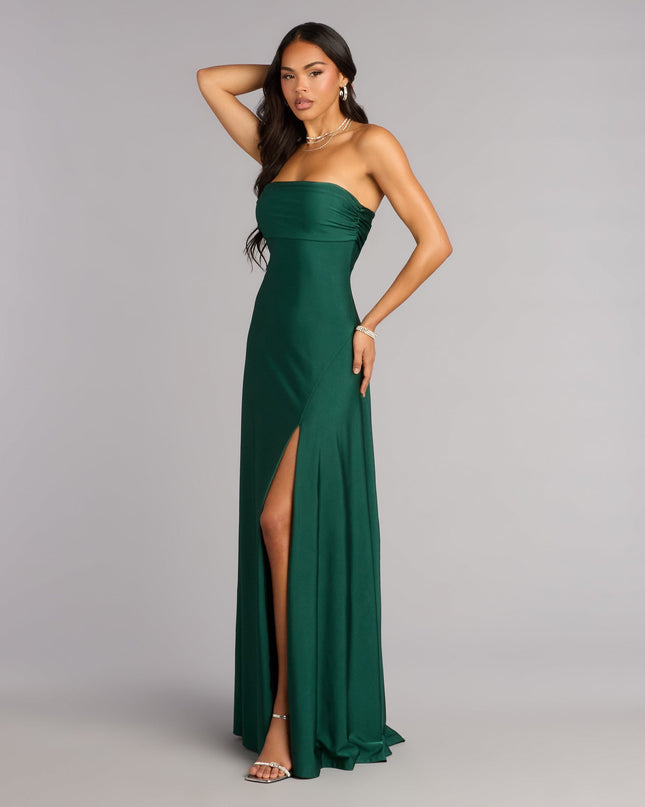 This hunter green prom dress, the Ally Strapless A-Line Formal Dress , features a sleek, floor-length design with trend-forward details that capture the excitement of Prom 2026.