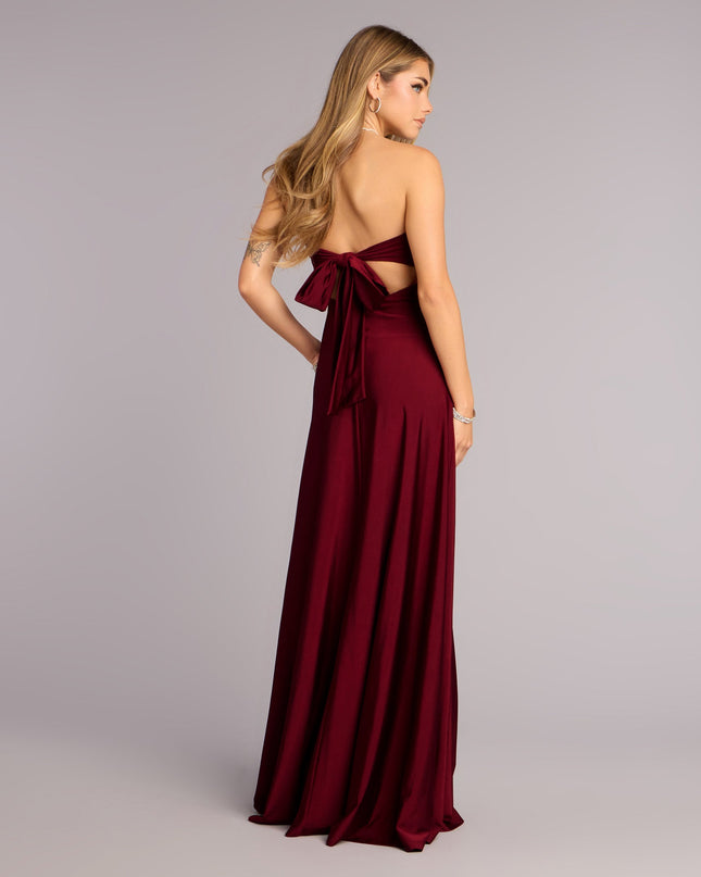This wine prom dress, the Madeline Strapless Tie-Back A-Line Dress , features a sleek, floor-length design with trend-forward details that capture the excitement of Prom 2026.