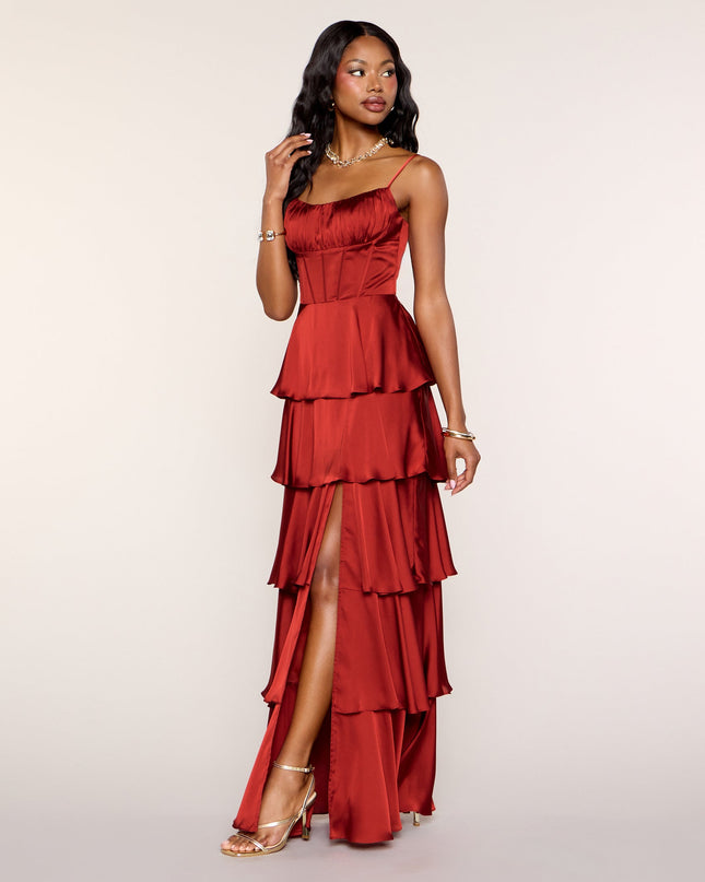 Lucilla Satin Corset Ruffle Formal Dress