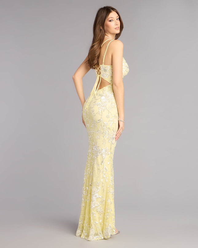 Shop a formal dress like the Irie Sequin Lace Mermaid Formal Dress in yellow, designed with a sleek silhouette, luxe fabric, and elegant detail for special events.